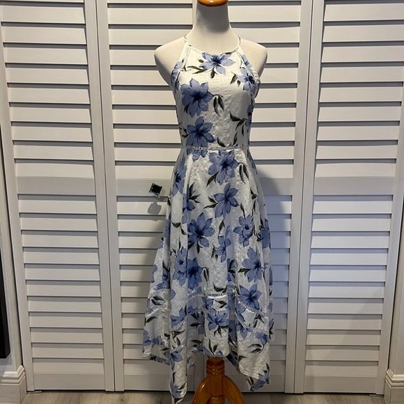 Lulus NWOT Floral Halter lined with Asymmetrical bottom Dress. 100% Cotton. - Picture 1 of 10